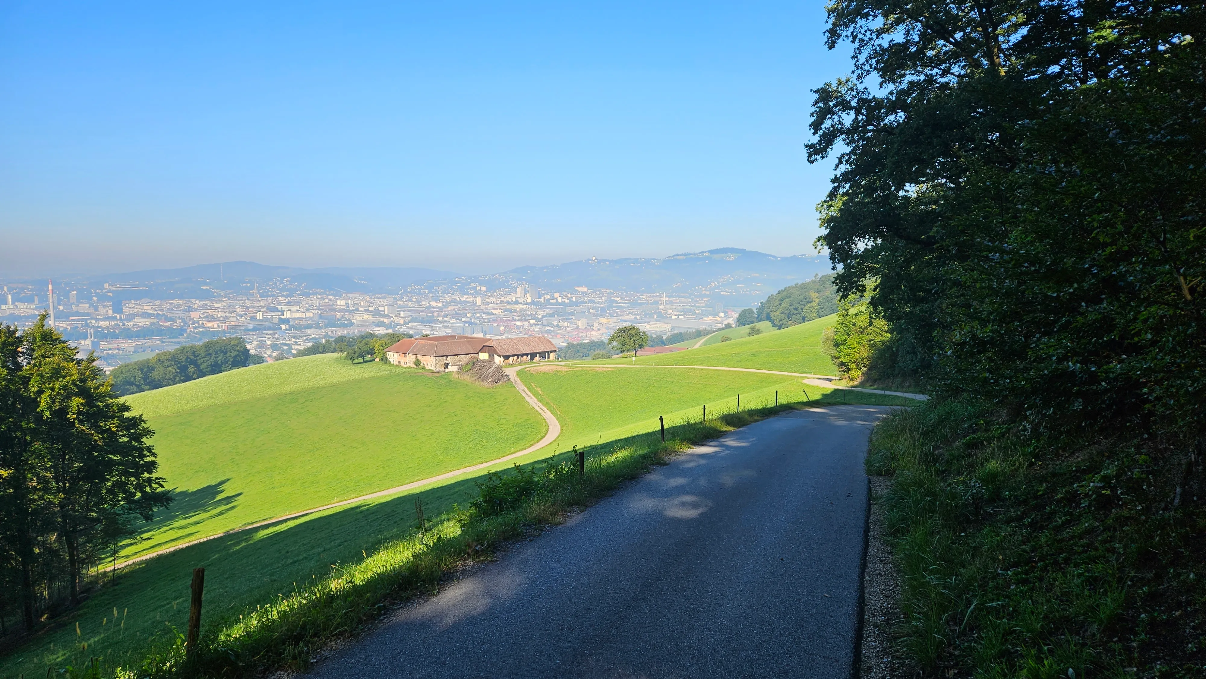 Bauernhof auf grünem Hügel mit Linz im Tal dahinter